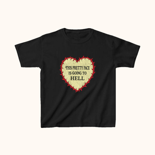 Black t-shirt with a red outline and yellow heart graphic and text on a white background