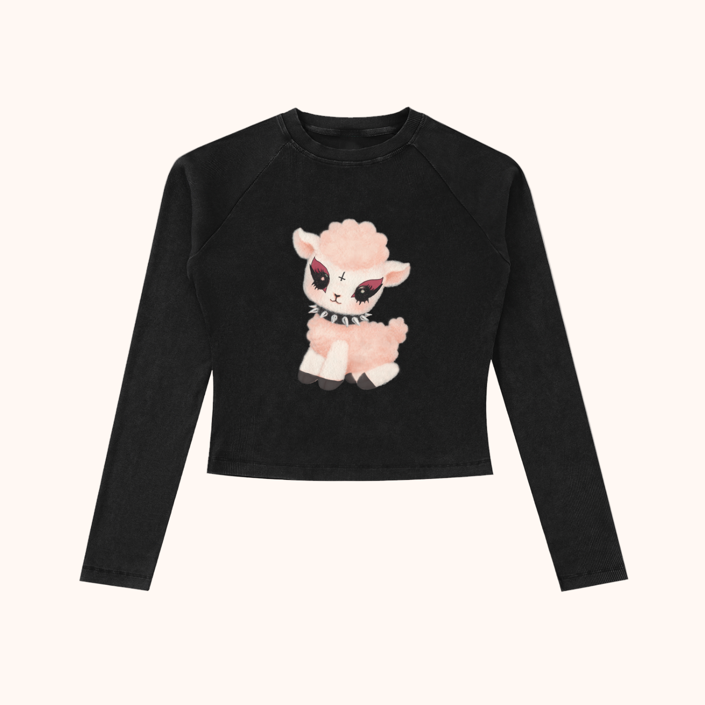 Black long-sleeve crop top with a pink sheep design
