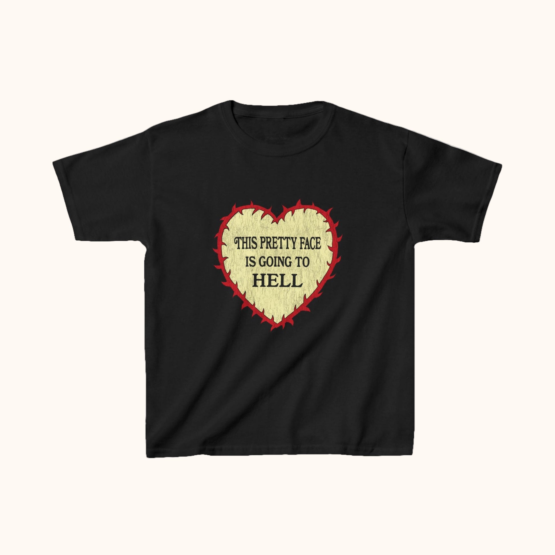 Black t-shirt with a red outline and yellow heart graphic and text on a white background 