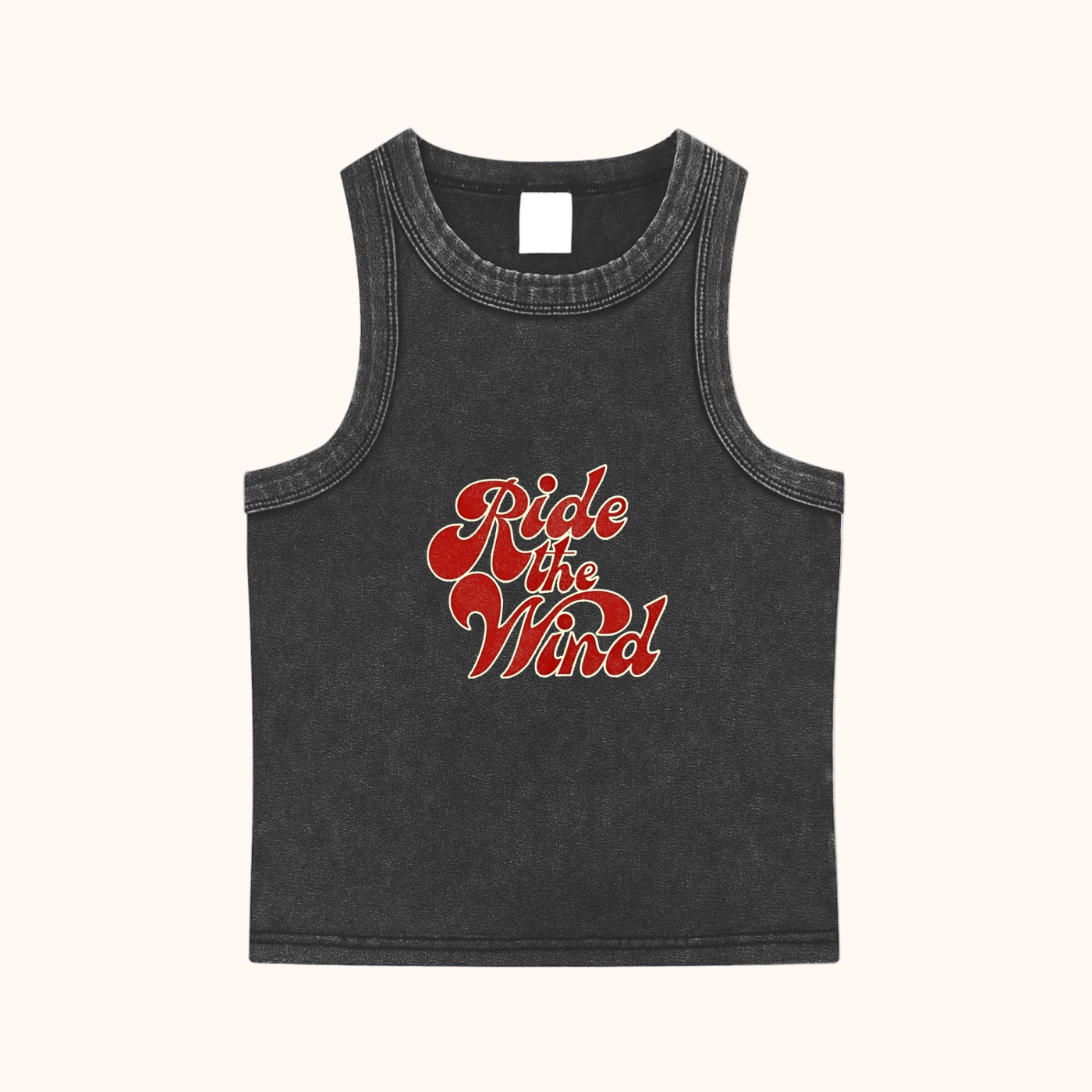 Black tank top with red 'Ride the Wind' text on a white background