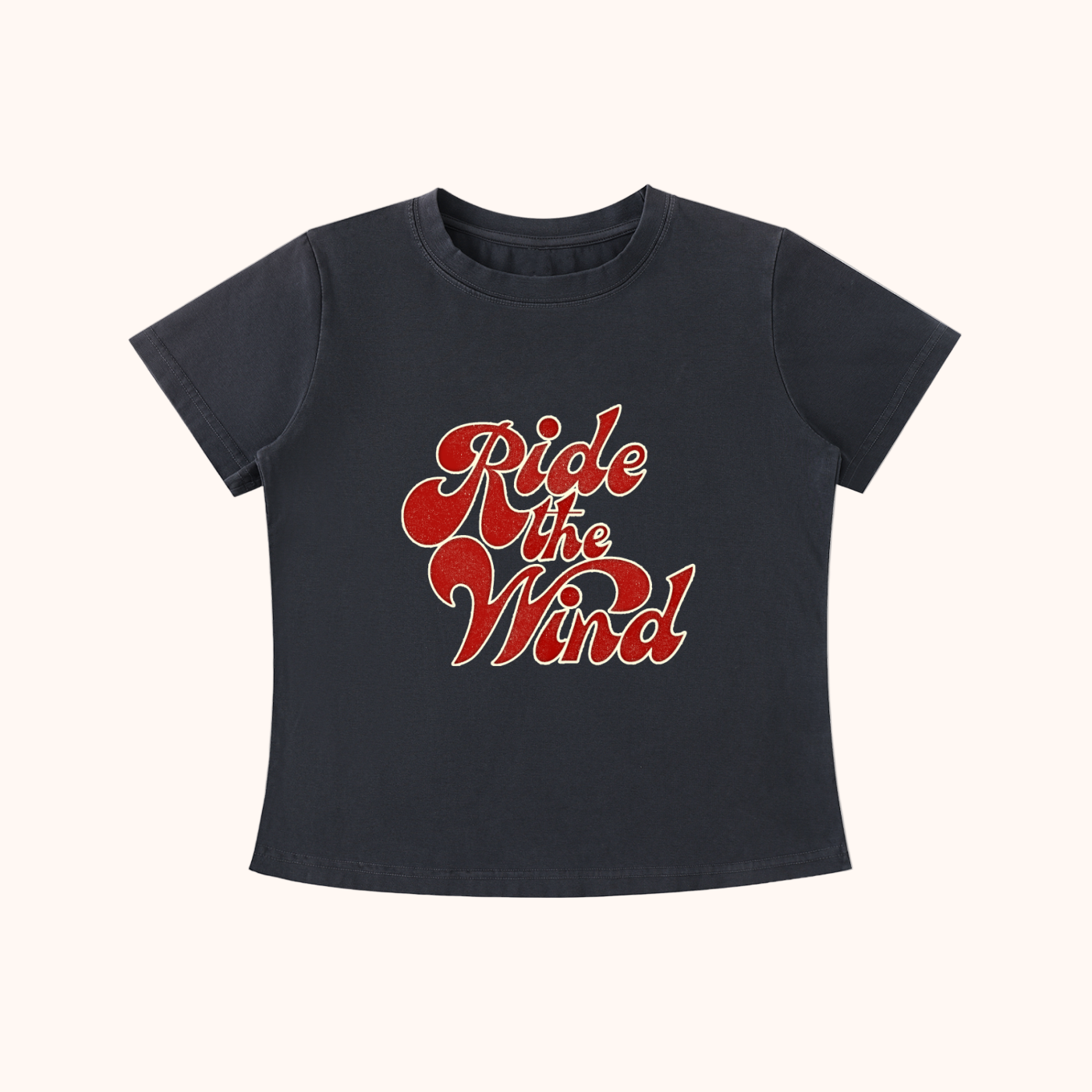 Black washed t-shirt with red text 'Ride the Wind'